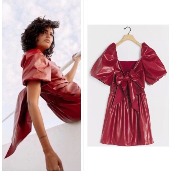 Anthropologie Faux Leather Red Mini Dress Bow-Back Detail Medium Holiday Festive - Picture 8 of 8